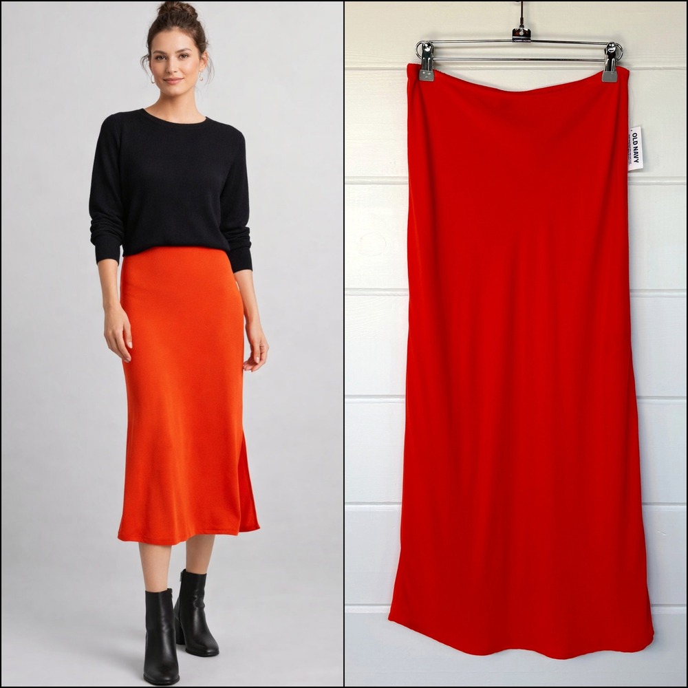 NWT 90s Y2K Orange High Waist Midi Slip Skirt S Side Slit Casual Chic Minimalist